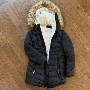 DKNY Black Puffer Jacket with Faux Fur Trim